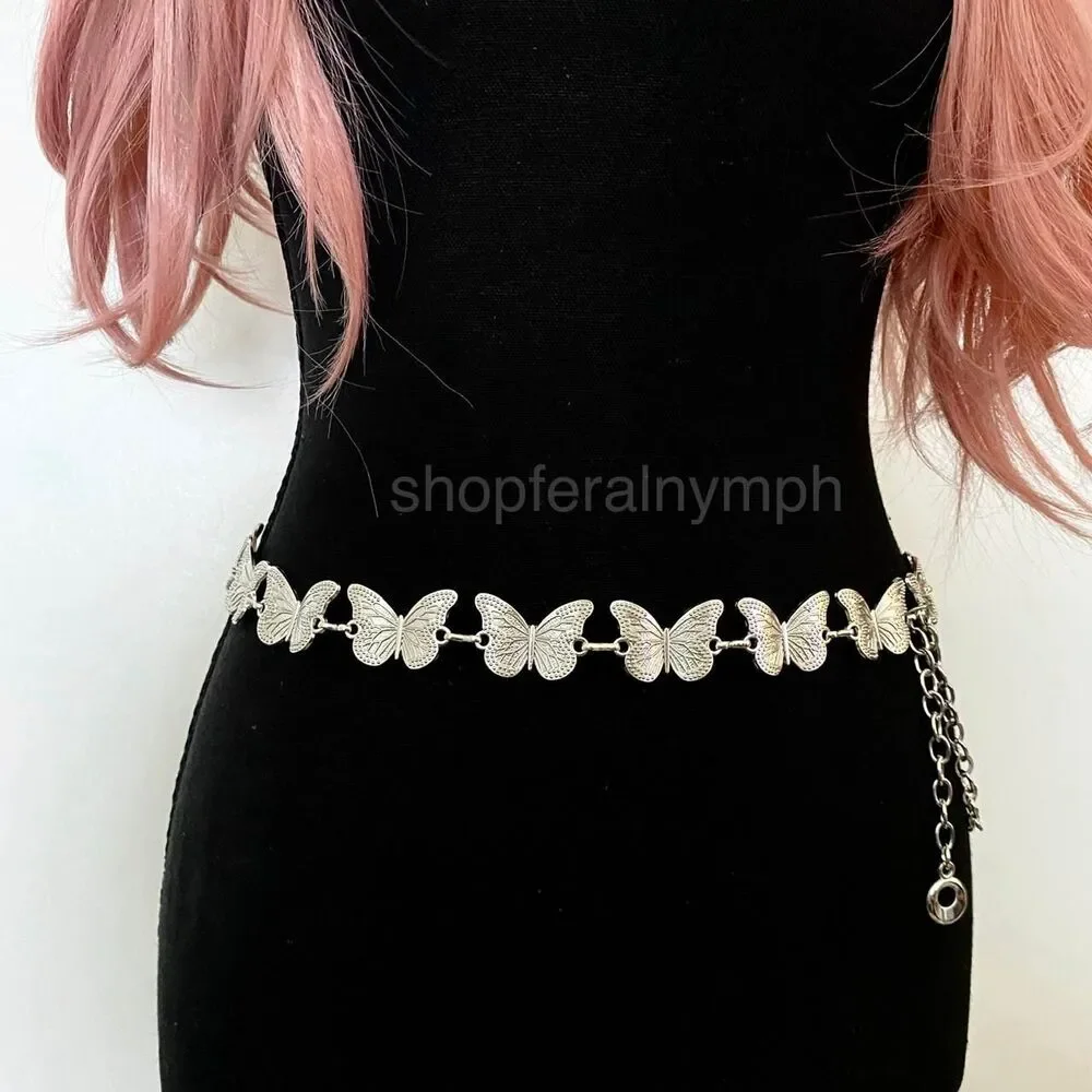 Silver Y2K Butterfly Fairycore Chain Belt, Fits 23-41.5 Inches, X7GA1276